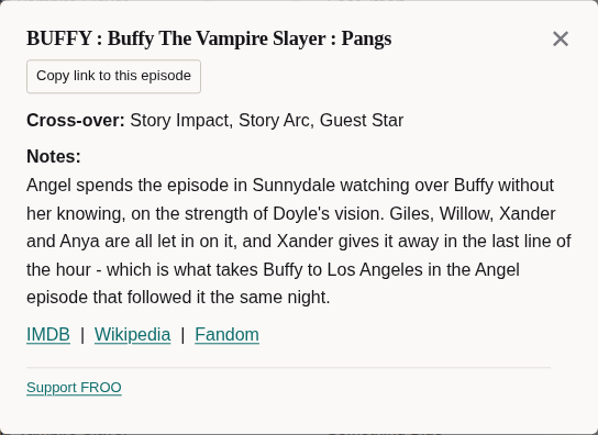 The notes box for Buffy's Pangs. It has a Copy link to this episode button, says the cross-over is Story Impact, Story Arc and Guest Star, explains in two sentences how the episode leads into that night's Angel, and links to IMDb, Wikipedia and Fandom.
