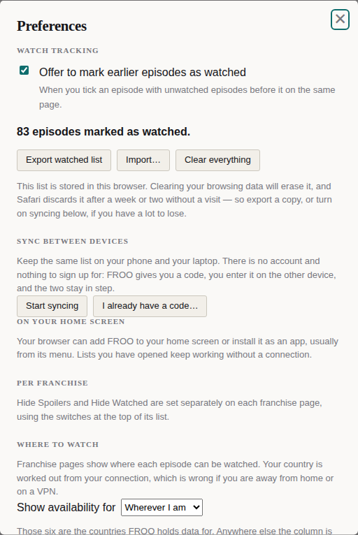 The Preferences box: Watch tracking with the offer to mark earlier episodes, a count of episodes marked as watched with Export watched list, Import and Clear everything buttons, Sync between devices with Start syncing and I already have a code buttons, On your home screen, Per franchise, and Where to watch with a country menu.