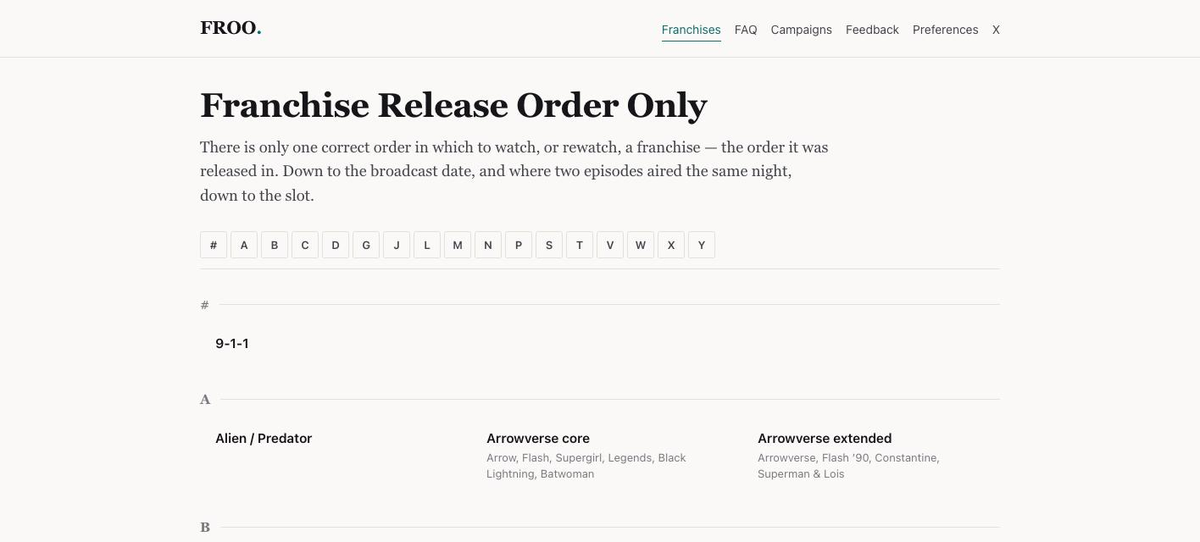 The FROO home page after the redesign, showing the franchise list under A–Z letter links