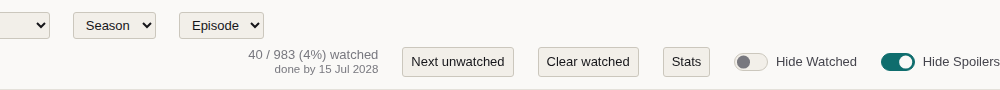 The bar above the Star Trek table, reading 40 / 983 (4%) watched, with done by 15 Jul 2028 in smaller type underneath, beside the Next unwatched, Clear watched and Stats buttons.