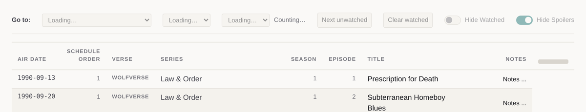 The top of a franchise list while it loads: three greyed-out Go-to menus reading Loading, a greyed Counting label where the watched count goes, and an empty Watched column reserved on the right