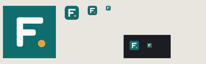 The new FROO icon at several sizes: a teal square with a white F made of three rounded bars, like rows of a list, and an amber dot at the bottom right. Shown large, at tab sizes, and on a dark background.
