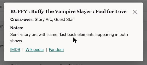 The notes popup for an episode, showing the cross-over type, a note and three outbound links