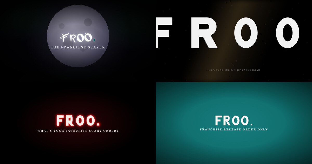 Four share cards in a grid: the FROO wordmark drawn in the title card style of Buffy, Alien and Scream, and the plain house card on the site's teal.