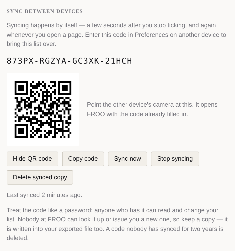 The Sync section of the Preferences dialog, showing a sync code, a QR code beside it, and buttons to copy the code, sync now, stop syncing and delete the synced copy