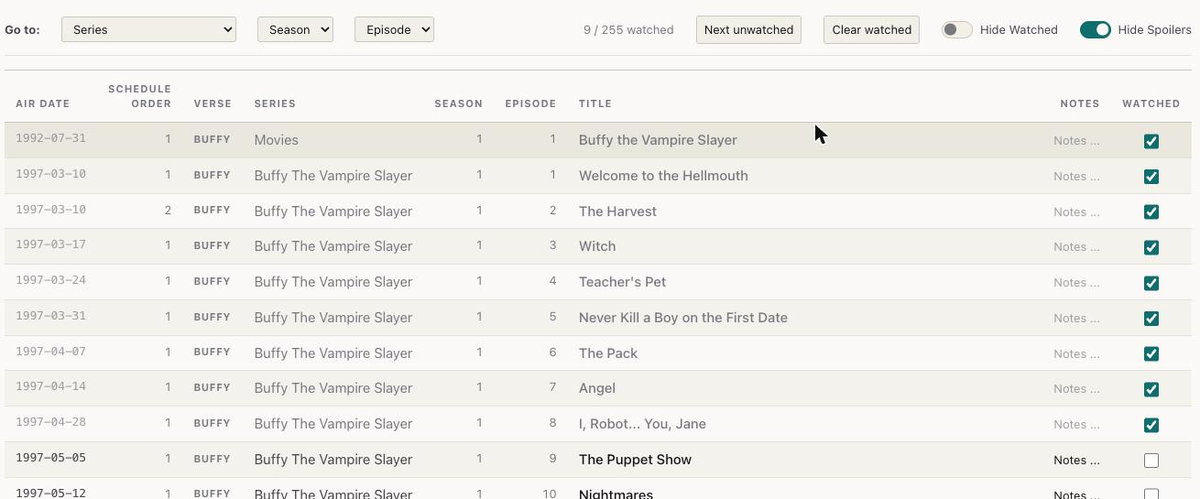 A franchise list with the first nine episodes ticked as watched and dimmed, and a 9 / 255 watched counter